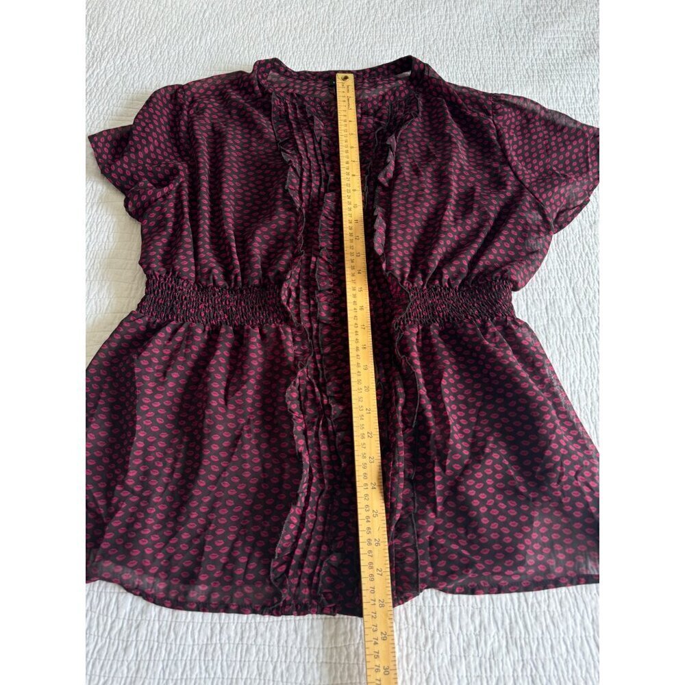 Torrid Women's Sheer Ruffled Button Down Blouse Smocking SZ 3 (22-24) Black Red - Picture 8 of 10